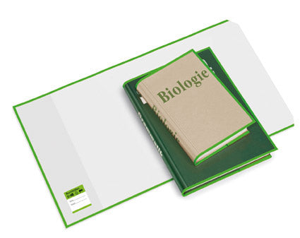 Buchhülle, 267 x 540 mm (HxB), PP-Folie, mit Lasche, grünes Gewebeband mit genähter Kante, transparente Tasche, glasklar