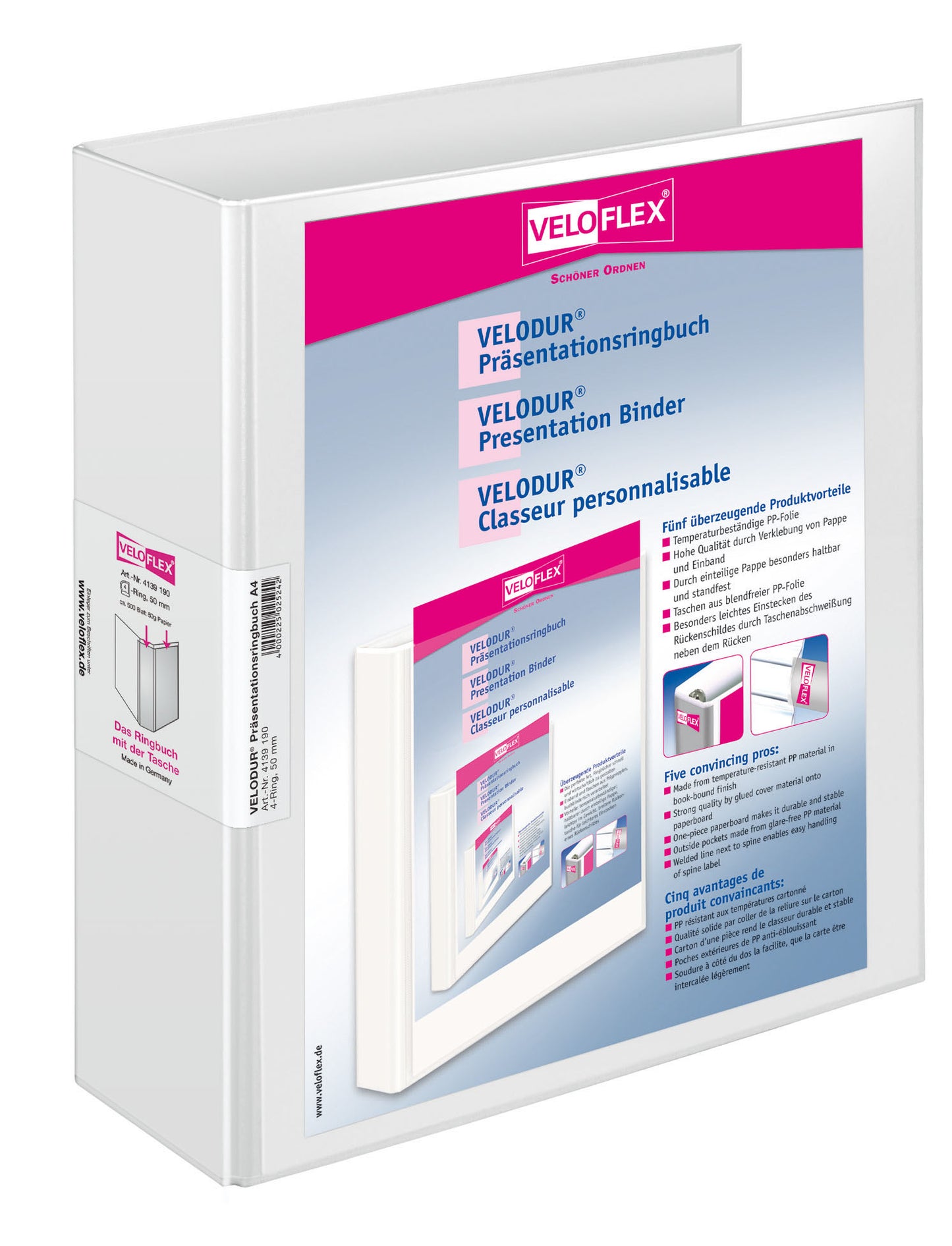 Präsentationsringbuch VELODUR®, DIN A4, PP kaschiert, 4-D-Ring-Mechanik 50 mm, weiß