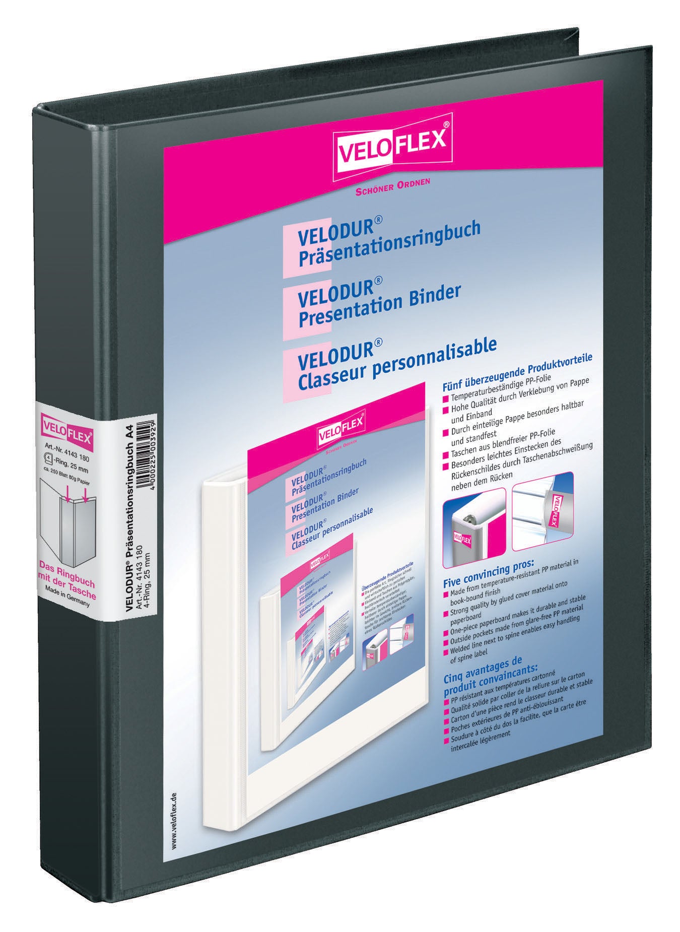 Präsentationsringbuch VELODUR®, DIN A4, PP kaschiert, 4-D-Ring-Mechanik 25 mm