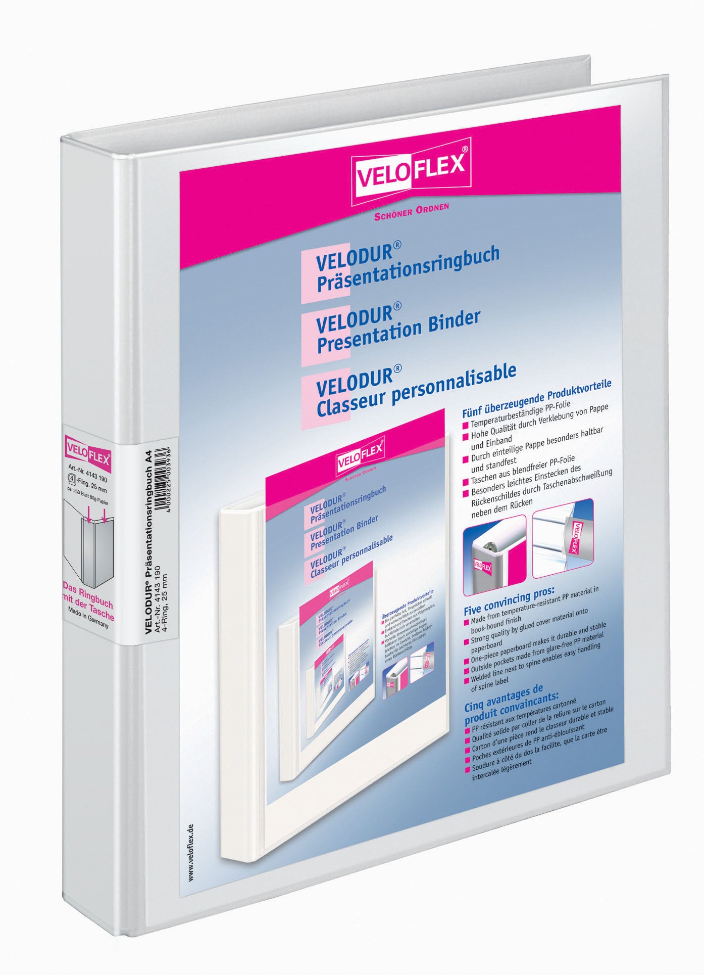 Präsentationsringbuch VELODUR®, DIN A4, PP kaschiert, 4-D-Ring-Mechanik 25 mm