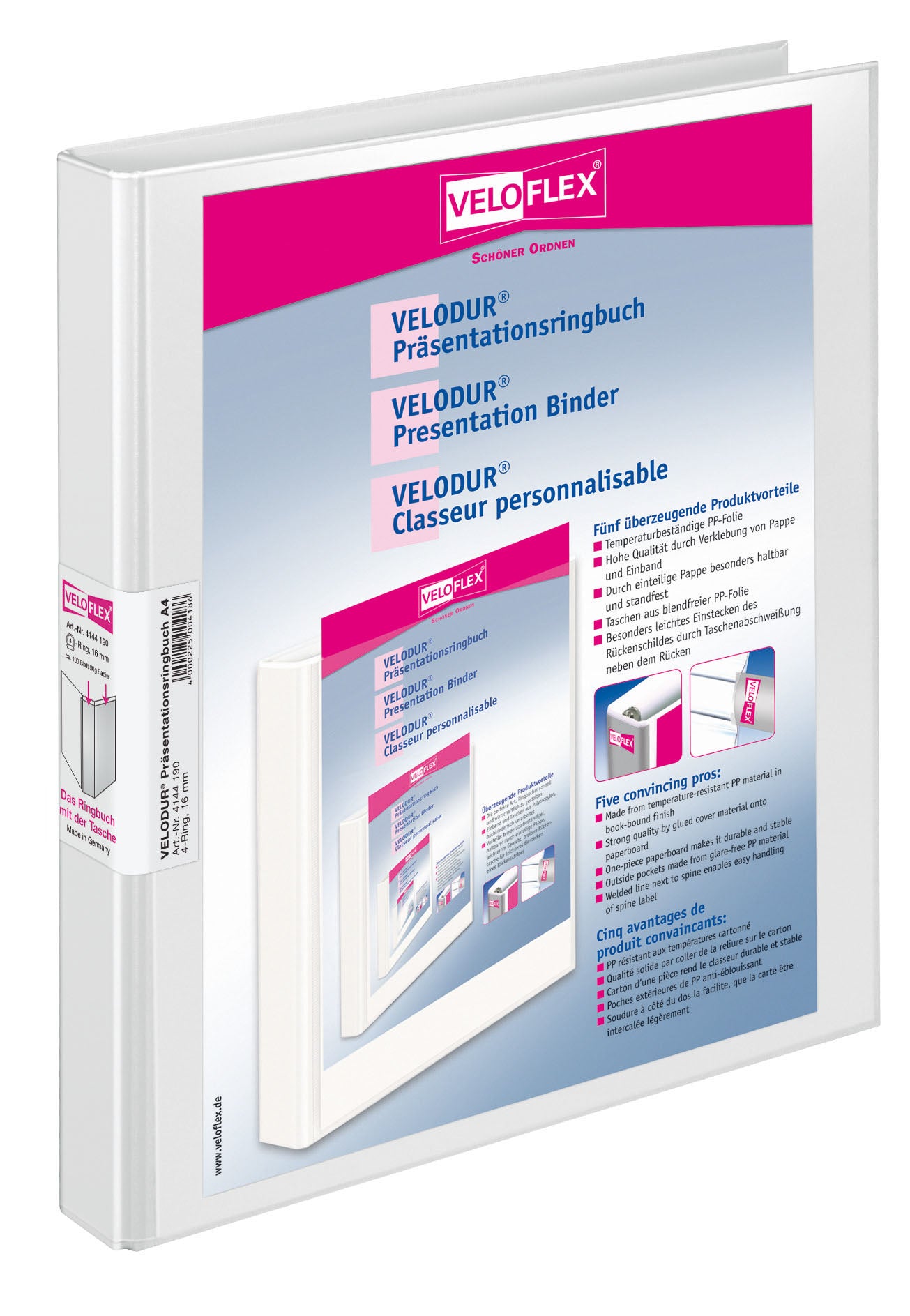 Präsentationsringbuch VELODUR®, DIN A4, PP kaschiert, 4-Rund-Ring-Mechanik 15 mm,weiß