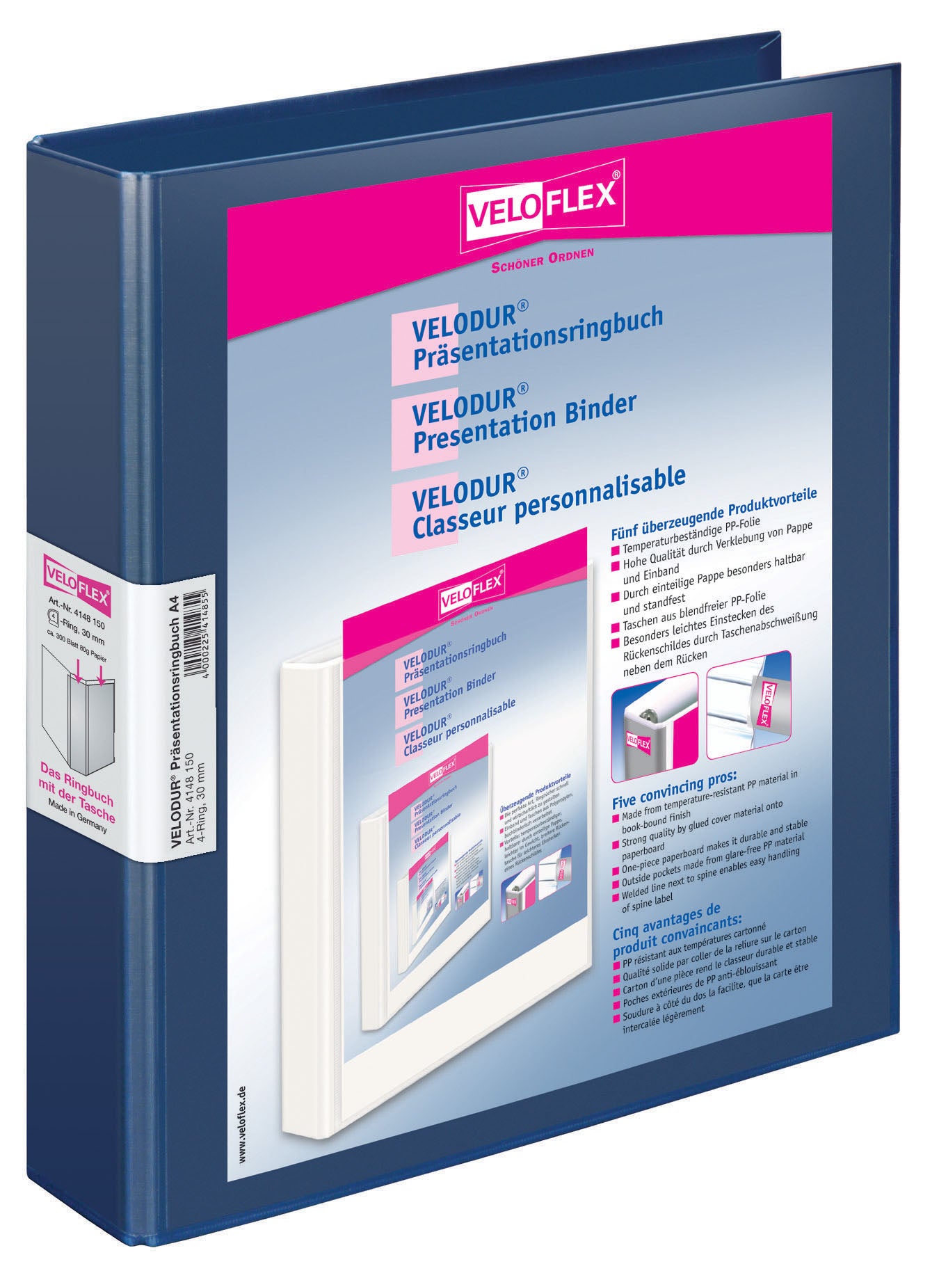 Präsentationsringbuch VELODUR®, DIN A4, PP kaschiert, 4-D-Ring-Mechanik 30mm