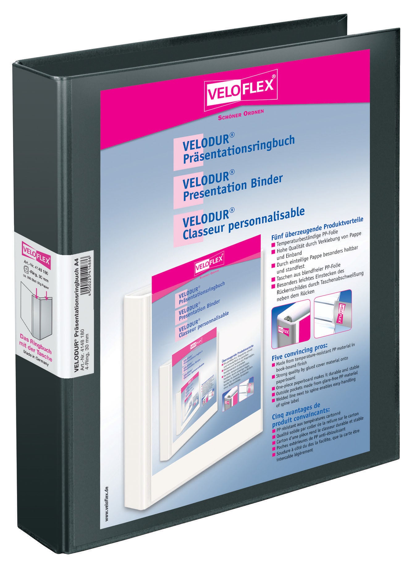 Präsentationsringbuch VELODUR®, DIN A4, PP kaschiert, 4-D-Ring-Mechanik 30mm