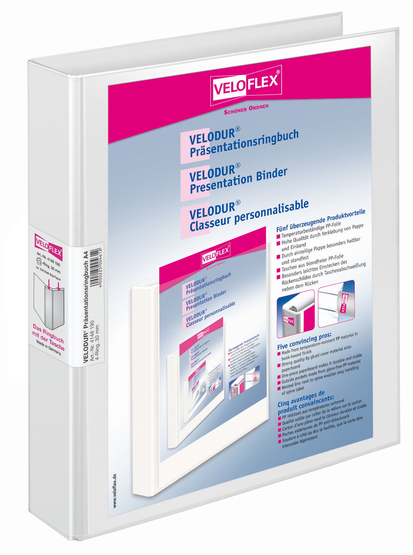Präsentationsringbuch VELODUR®, DIN A4, PP kaschiert, 4-D-Ring-Mechanik 30mm