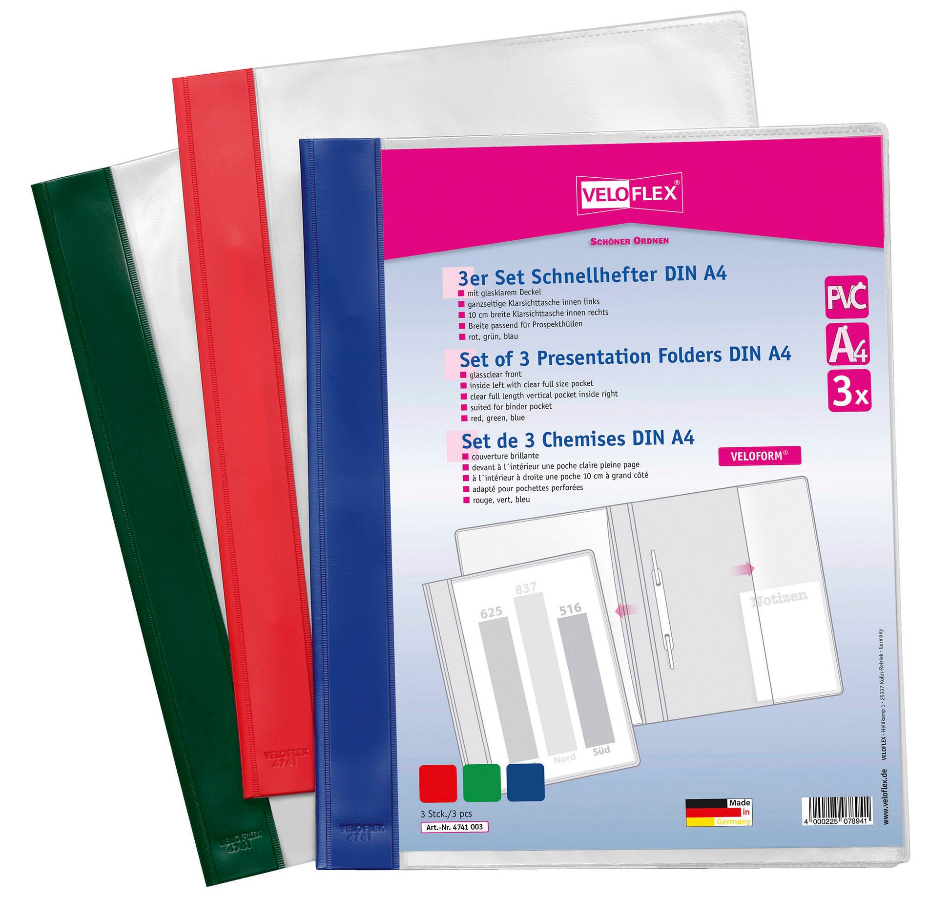 3er Set Schnellhefter VELOFORM®, DIN A4,PVC, Vorderdeckel glasklar, farbiger Rückendeckel