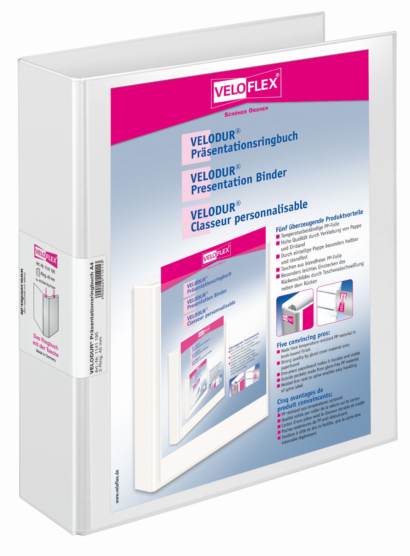 Präsentationsringordner VELODUR®, DIN A4, PP kaschiert, 2-D-Ring-Mechanik 40 mm, weiß
