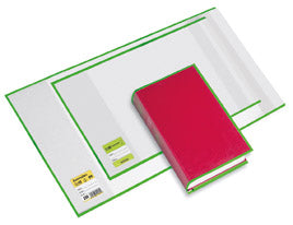 Buchhülle, 265 x 540 mm (HxB), PP-Folie, mit Lasche, grünes Gewebeband mit genähter Kante, transparente Tasche, glasklar