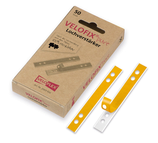 VELOFIX® pure hole reinforcement, 105 x 15mm, FSC certified paper, self-adhesive, hole spacing 60 and 80mm, 50-pack, white