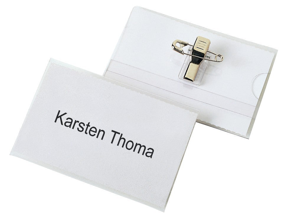 Namensschild VELOCARD®, 90 x 57 mm, Hart-PVC, mit Clip und Nadel, glänzend transp.