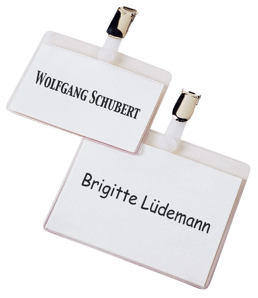 Namensschild VELOCARD®, 90 x 54 mm, Hart-PVC, mit Hosenträgerclip, transparent