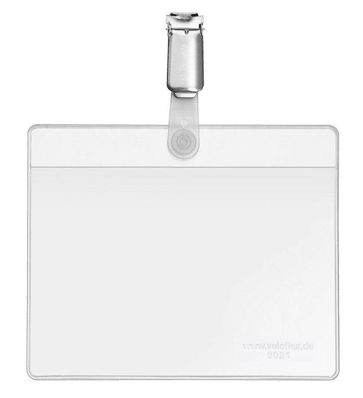 Namensschild VELOCARD®, 105 x 74 mm, Hart-PVC, mit Hosenträgerclip, transparent
