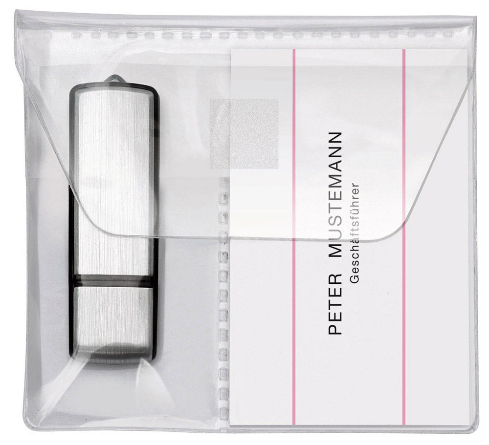 USB Stick-Hüllen, PP sk, für 2 USB Sticks oder 1 USB Stick und 1 Visitenkarte, mit Verschlussklappe, 100er Pckg., glasklar