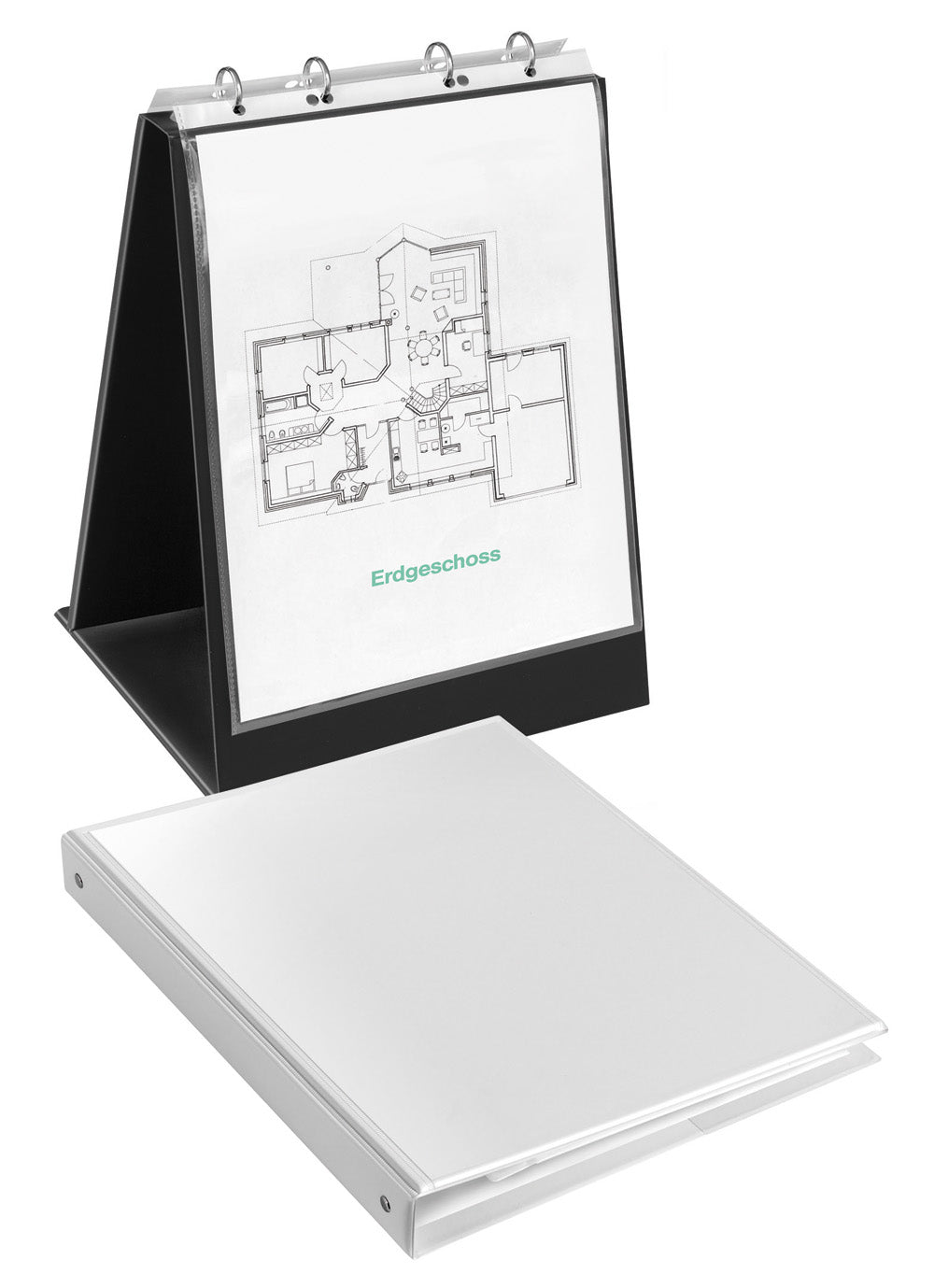 Table flip chart, DIN A4 portrait, PVC film, 4-round ring mechanism 20 mm, black