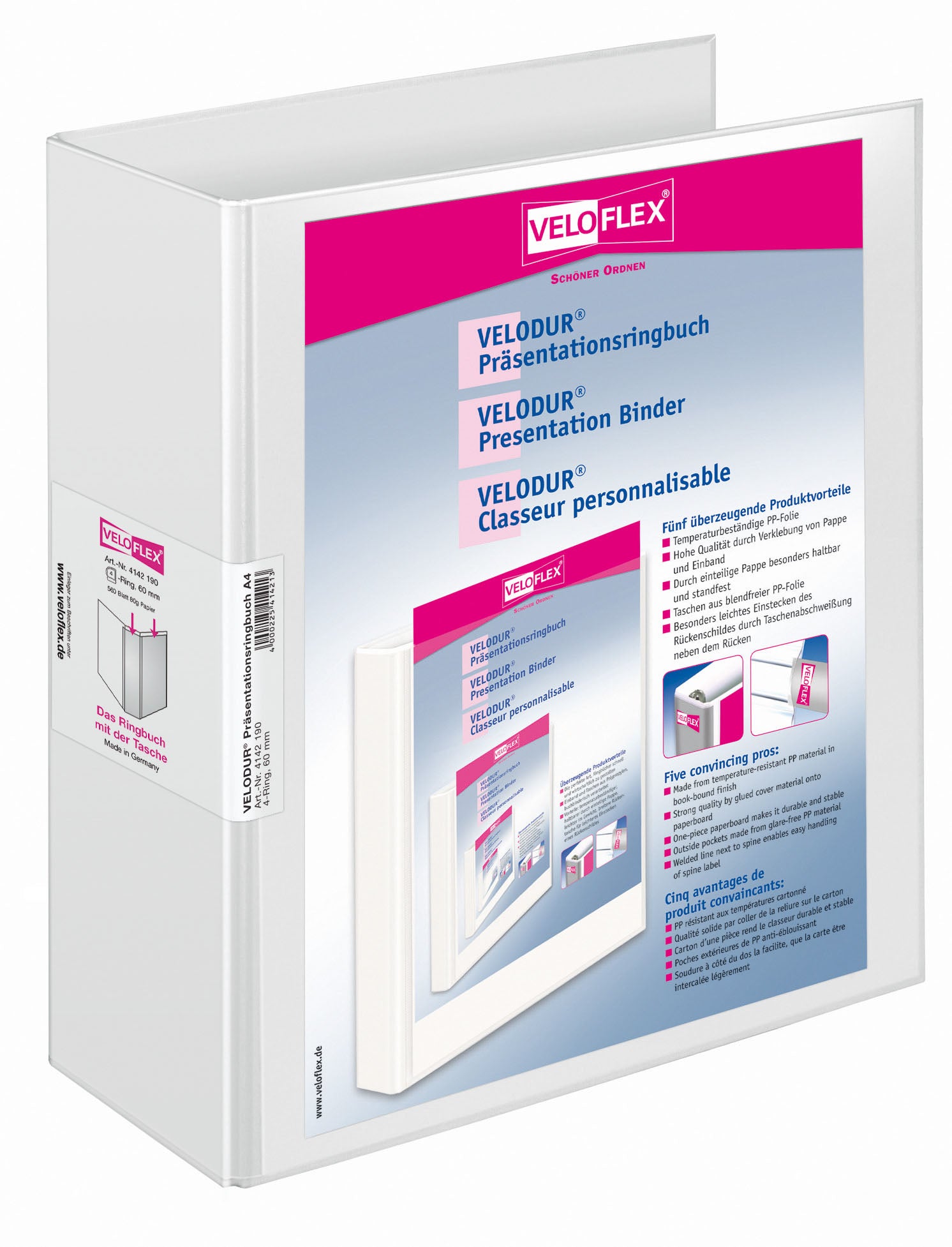Präsentationsringbuch VELODUR®, DIN A4, PP kaschiert, 4-D-Ring-Mechanik 60 mm, weiß
