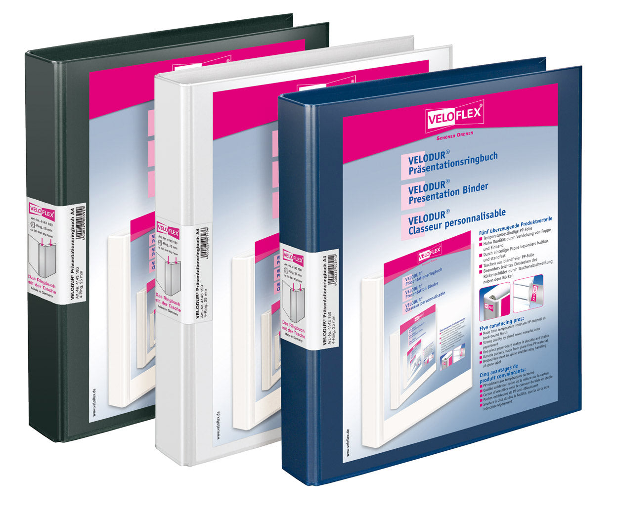 Präsentationsringbuch VELODUR®, DIN A4, PP kaschiert, 4-D-Ring-Mechanik 25 mm
