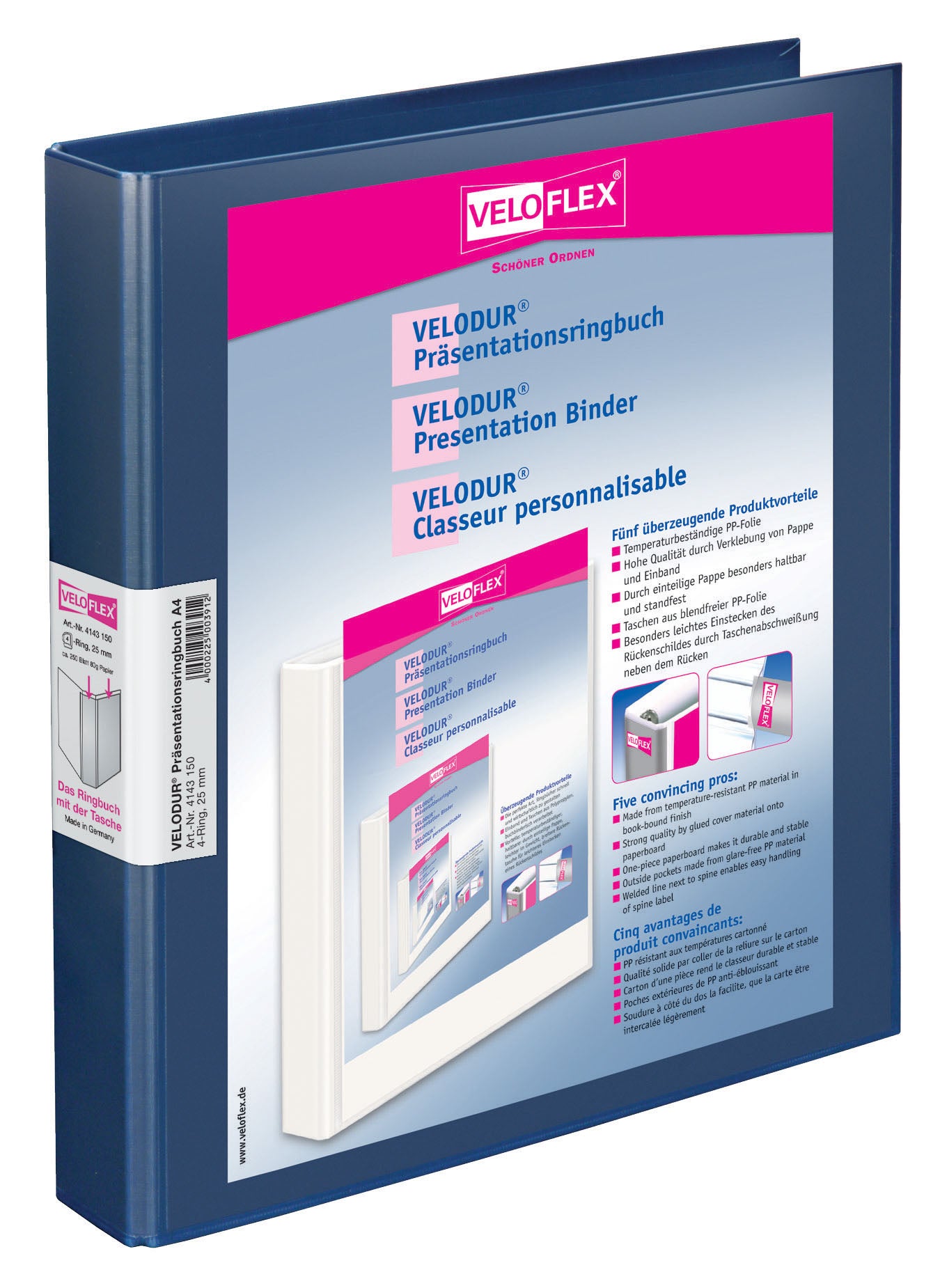 Präsentationsringbuch VELODUR®, DIN A4, PP kaschiert, 4-D-Ring-Mechanik 25 mm