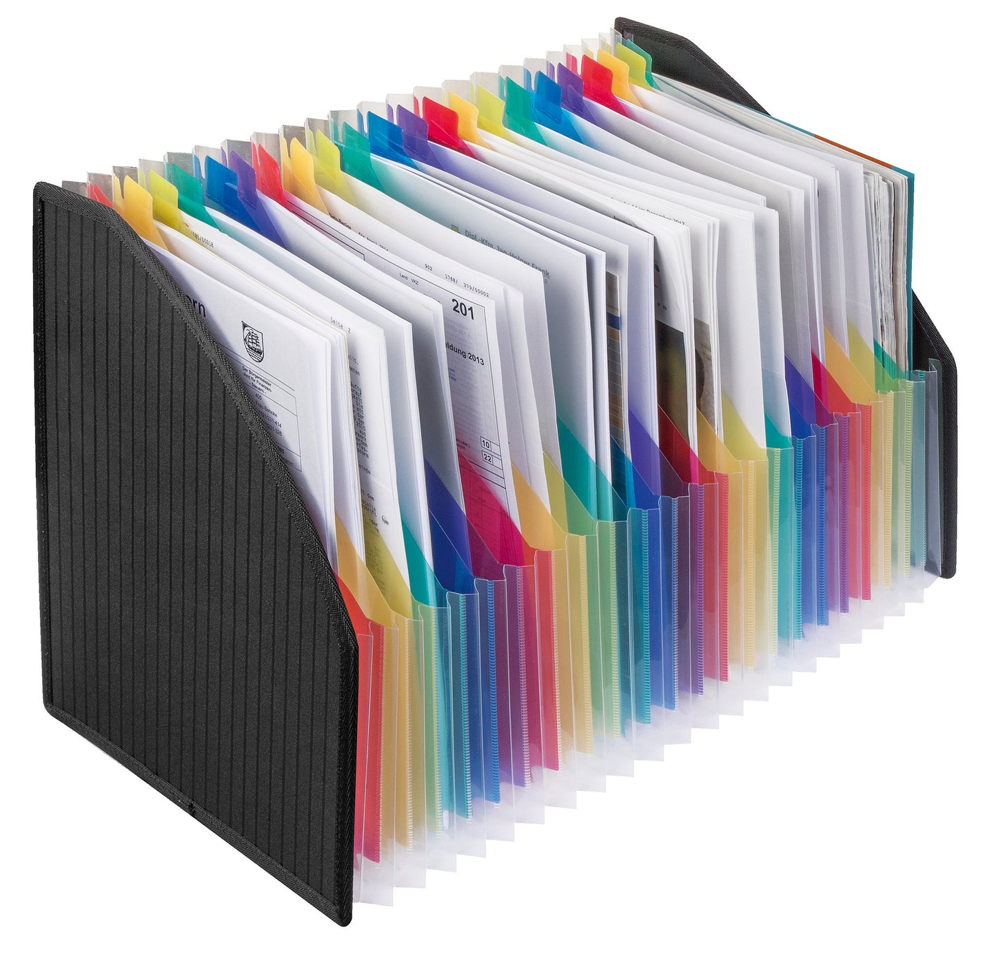 Magazine file compartment box, DIN A4, PP, colorful compartments, textile-reinforced edges, black
