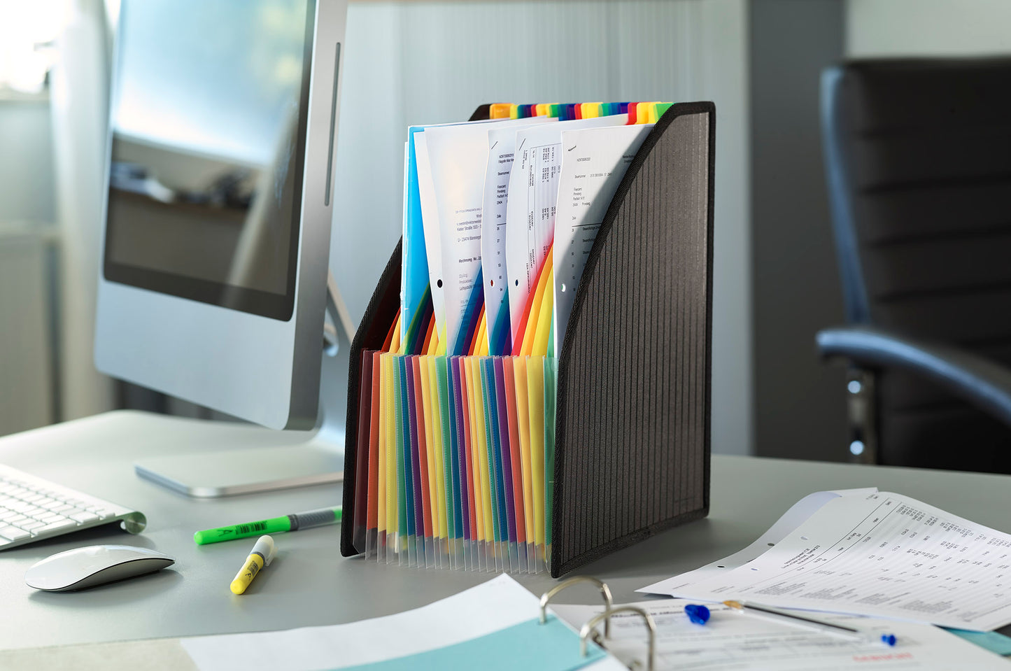 Magazine file compartment box, DIN A4, PP, colorful compartments, textile-reinforced edges, black