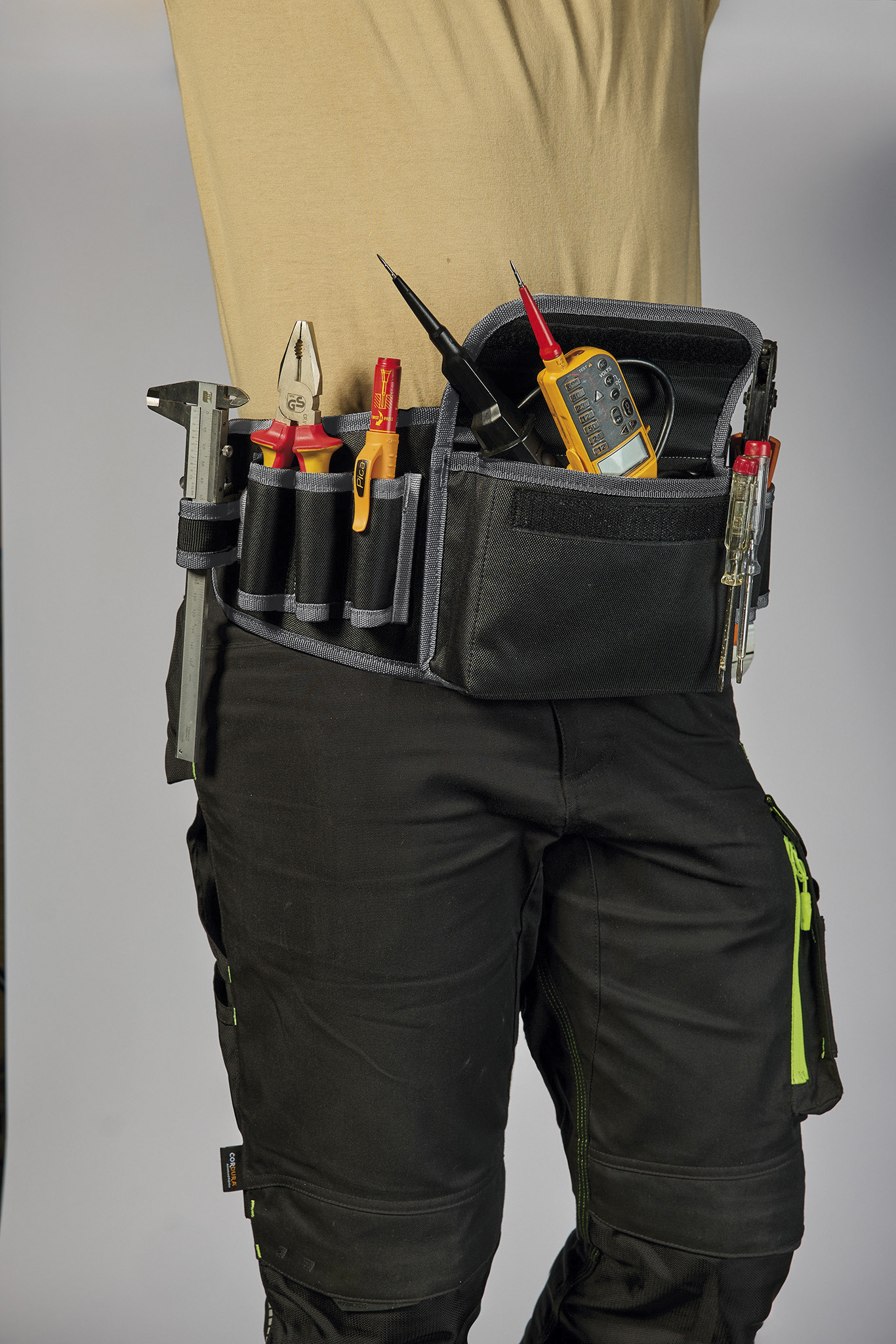 Tool Bag M, high-quality tool belt bag, robust textile, wide strap, water-repellent fabric, black/grey